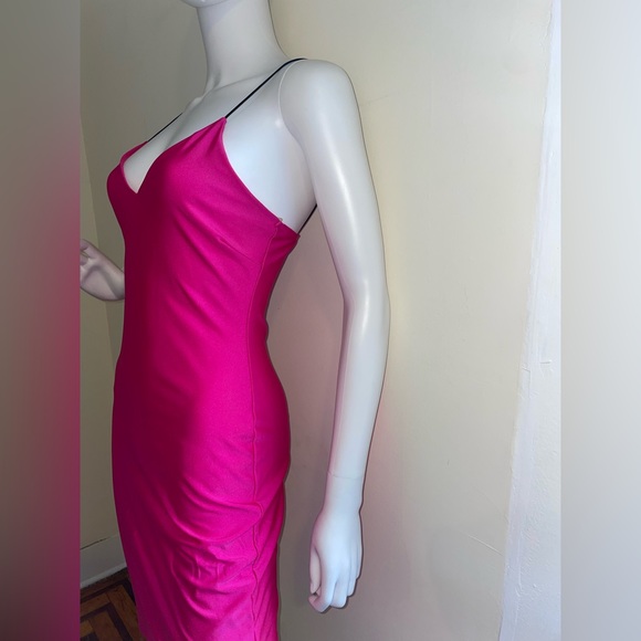 Shinestar Midi Dress Pink Spaghetti Straps V-Neck Medium Bodycon Summer Back Out - Picture 6 of 15